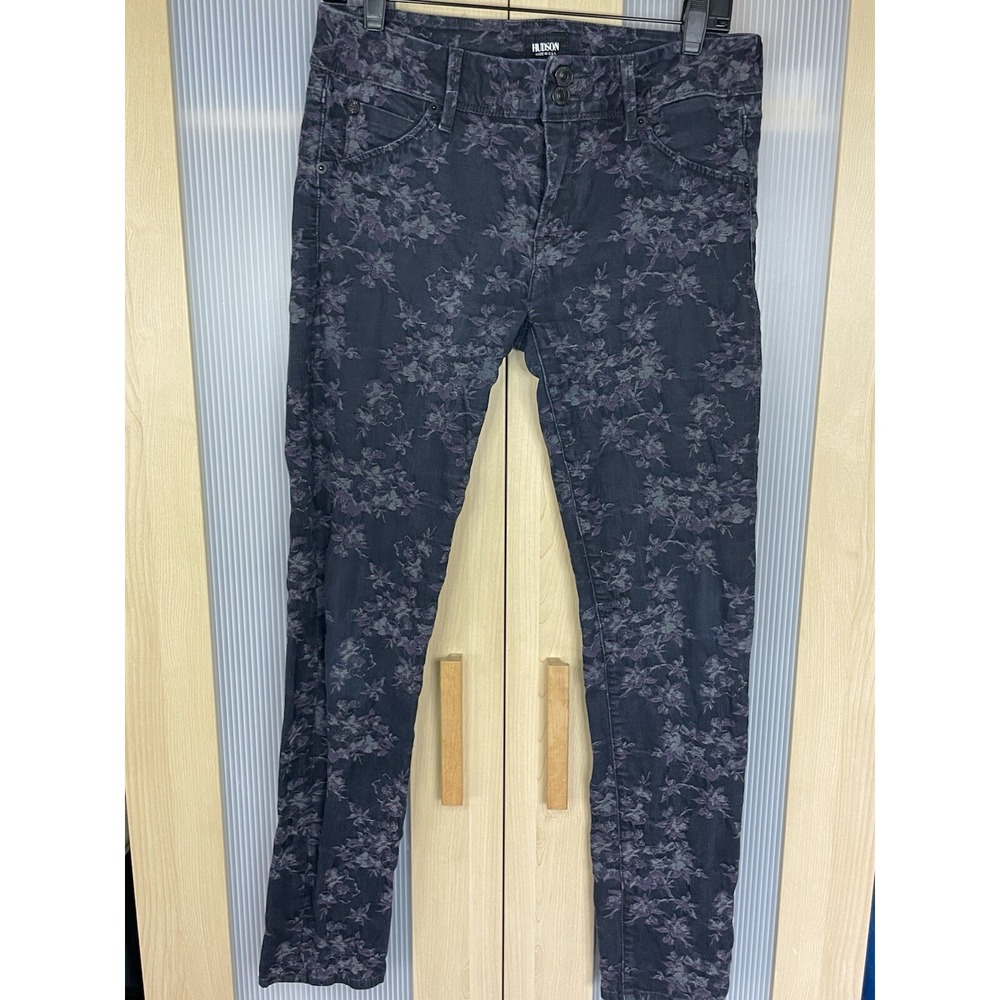 Hudson Midrise Collin Skinny Jeans Stretch in Black Floral Size 27 Boho Festival